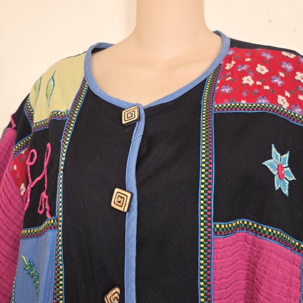 Sara Studio Plus Patchwork Jacket Top 1X Linen Blend Boho Festival Lined Artsy - Picture 4 of 16